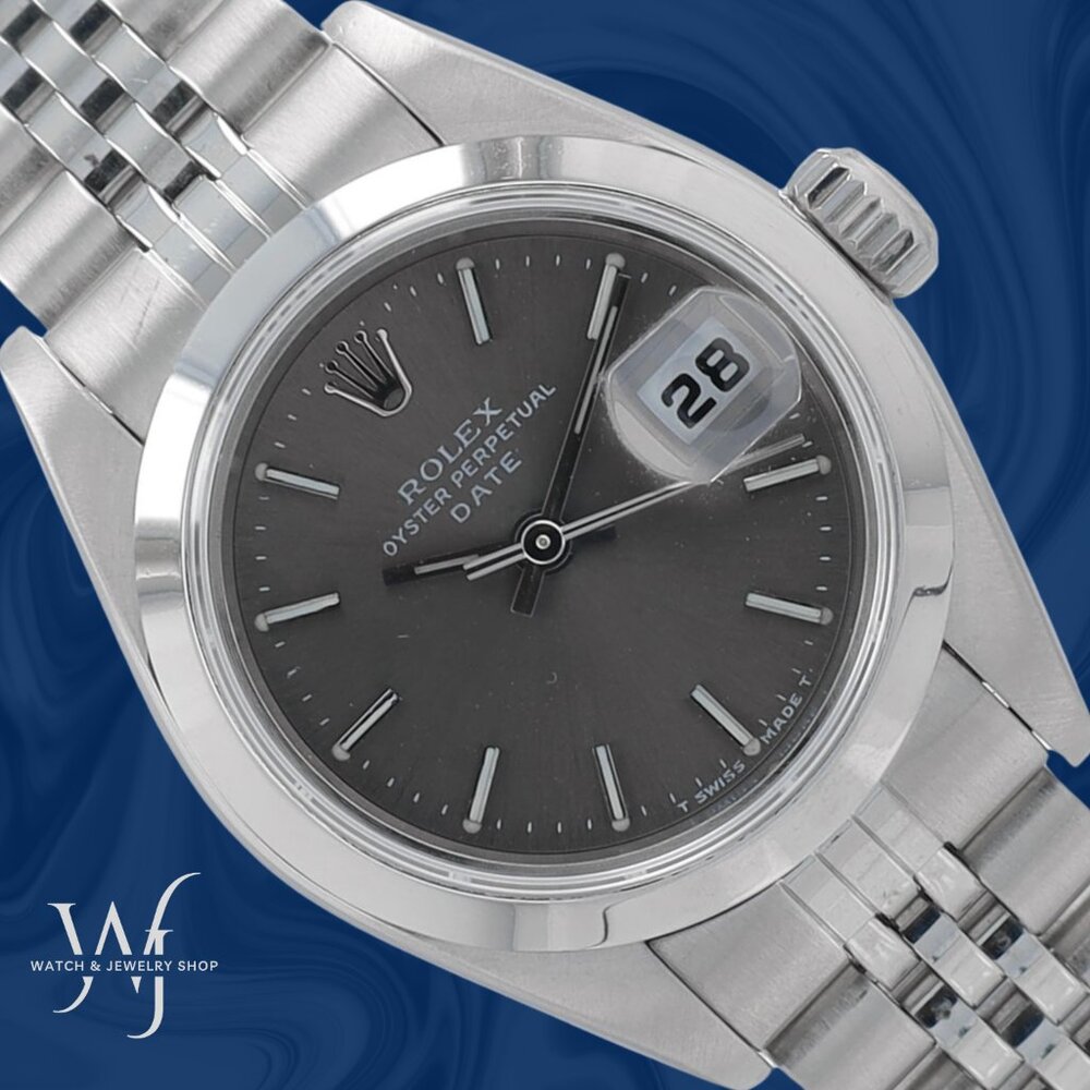 Rolex Date 79160 26mm Ladies Steel Gray Index Dial Smooth Bezel Jubilee Band